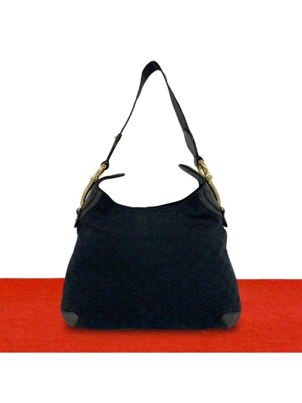 Gucci Horsebit GG Logo Pattern Canvas Leather Shoulder Bag Tote Black